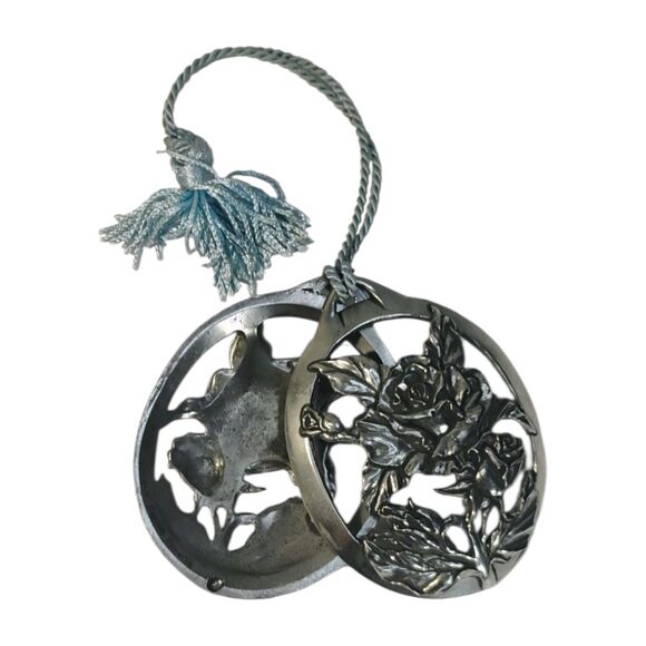 Vtg Seagull Rose Pewter Ornament Hollow Silver Color 3d Locket Blue Faded Ribbon - Picture 9 of 13